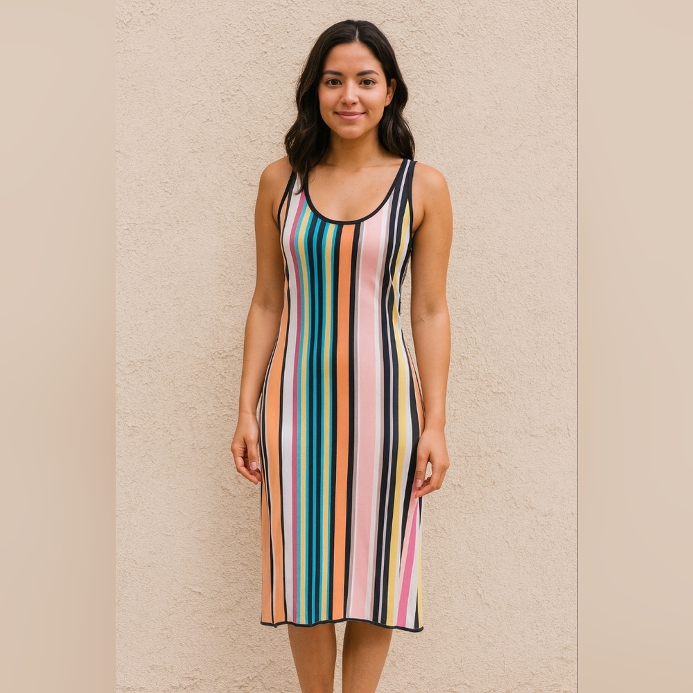 Coco Bianco Stripe Hi-lo Hem Beachy Summer Maxi Coastal Dress‎ Size Large